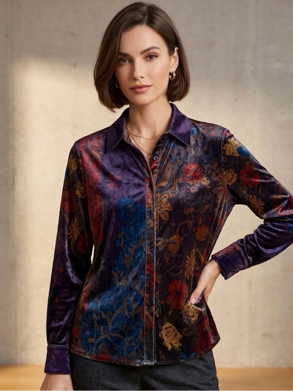 FuTario Velvet Floral Button-Front Blouse - Purple Multi soft to the touch xxl